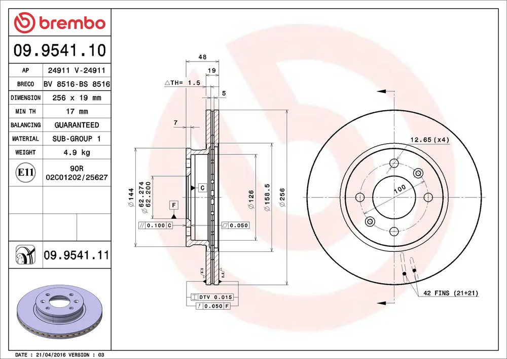 Brzdový kotouč BREMBO 09.9541.11 – OE 517121C050