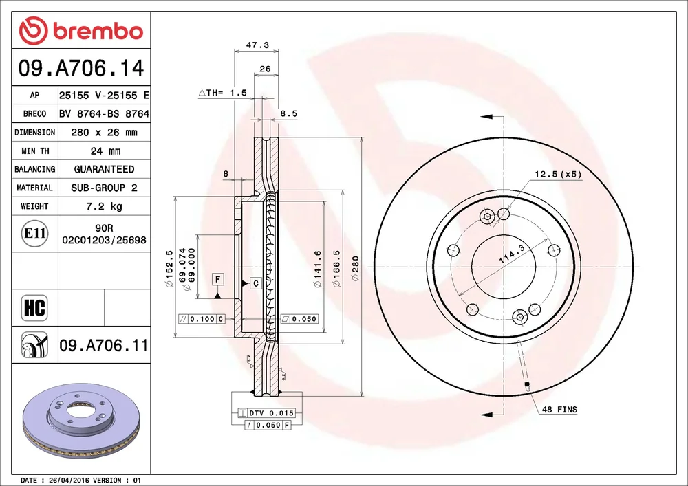 Brzdový kotouč BREMBO 09.A706.11 – OE 517121D100