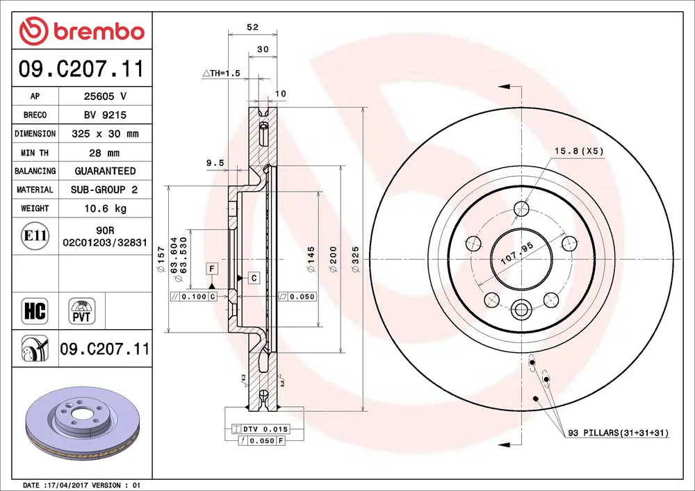 Brzdový kotouč BREMBO 09.C207.11 – OE LR059122