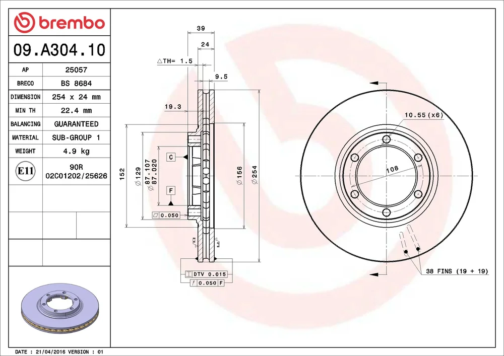 Brzdový kotouč BREMBO 09.A304.10 – OE MB950958