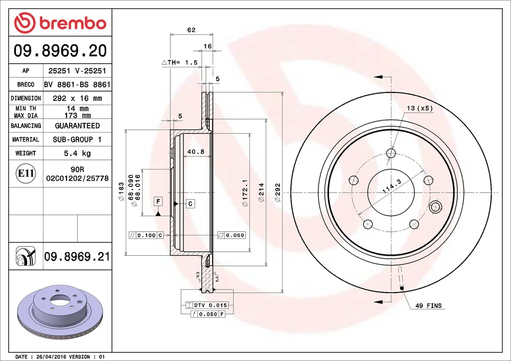 Brzdový kotouč BREMBO 09.8969.21