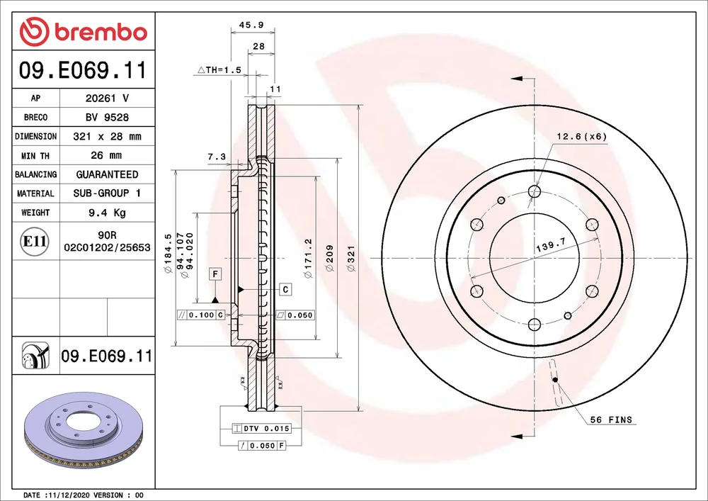 Brzdový kotouč BREMBO 09.E069.11 – OE 4615A223