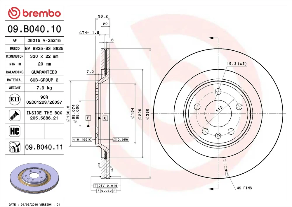 Brzdový kotouč BREMBO 09.B040.11 – OE 8K0615601C