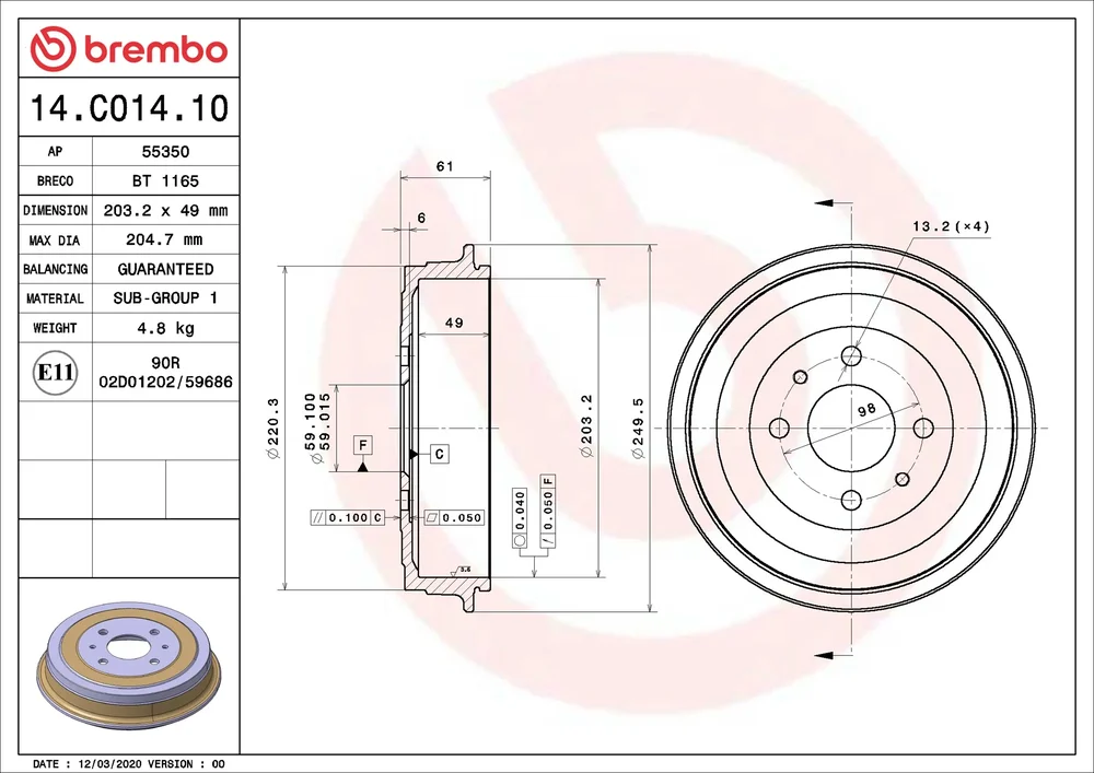 Brzdový buben BREMBO 14.C014.10 Brzdový buben BREMBO 14.C014.10